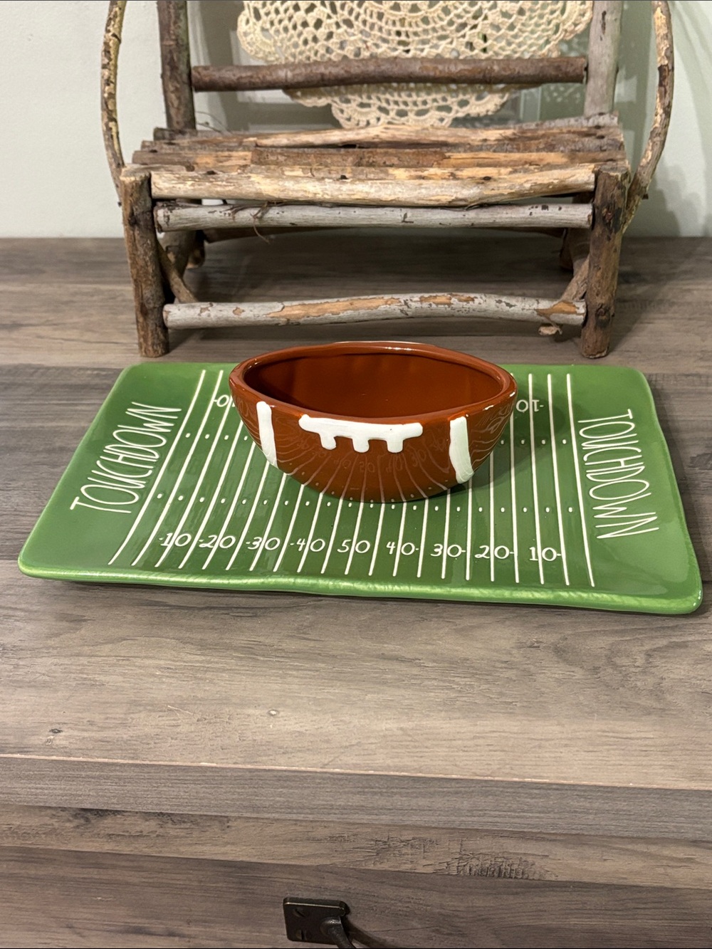 EUC Rae Dunn Touchdown Football Field Chip and Dip Ceramic Platter
